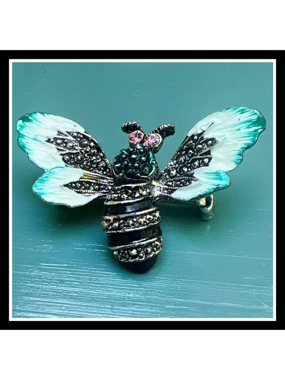 Vintage Bee Shaped Rhinestone & Enamel Brooch Pin With Green & Pink Accents